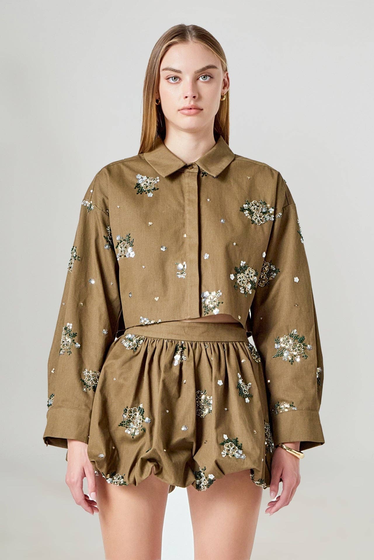 Endless Rose - Eve Sequined and Beaded Cropped Shirt: BROWN / L