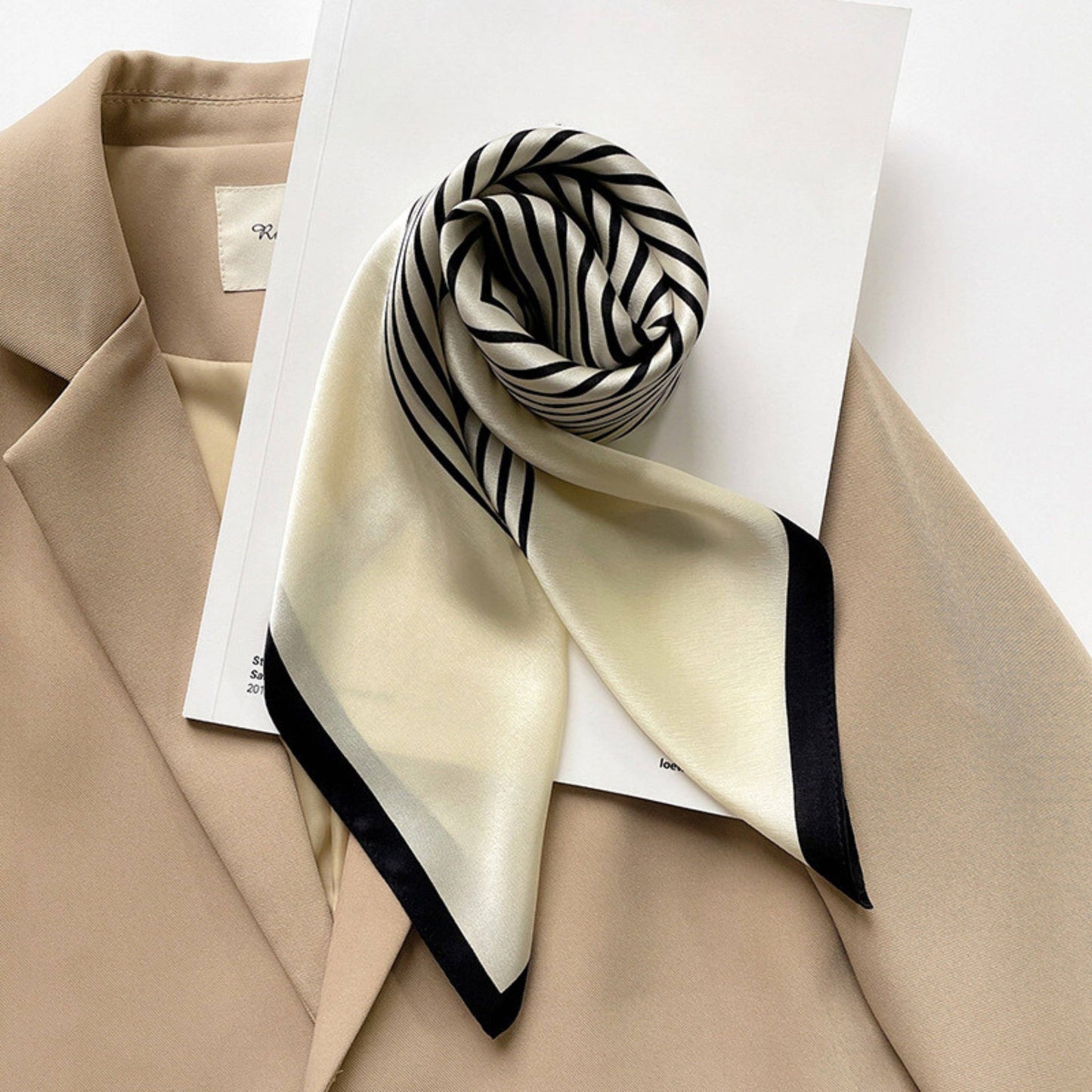 SueSilkHK - Minimalist Stripe pattern mulberry silk scarf/70CM 100% mulberry silk scarf/Silk shawl/Gift for her: Cream