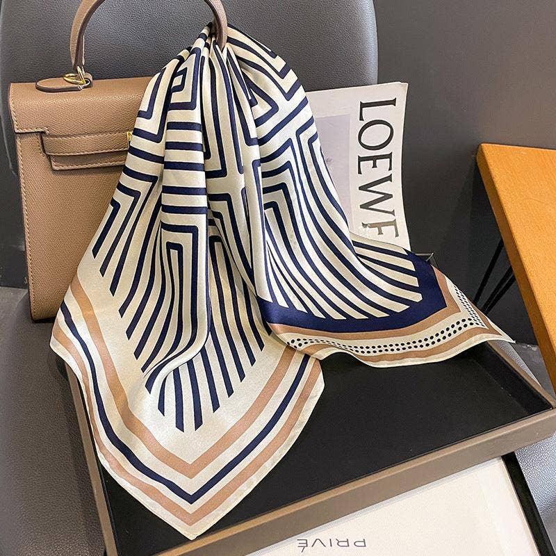 SueSilkHK - Minimalist striped mulberry silk scarf/70CM 100% mulberry silk scarf/Silk shawl/Gift for her: Beige blue
