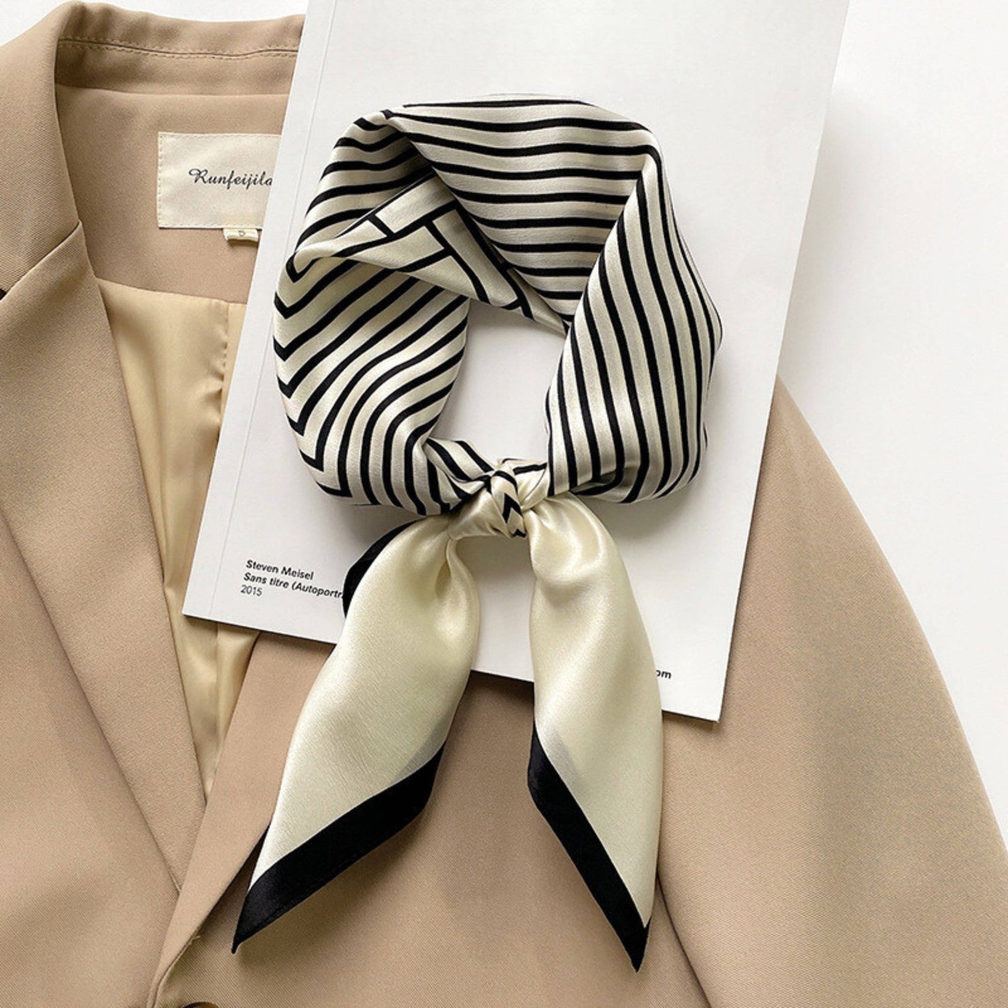 SueSilkHK - Minimalist Stripe pattern mulberry silk scarf/70CM 100% mulberry silk scarf/Silk shawl/Gift for her: Cream