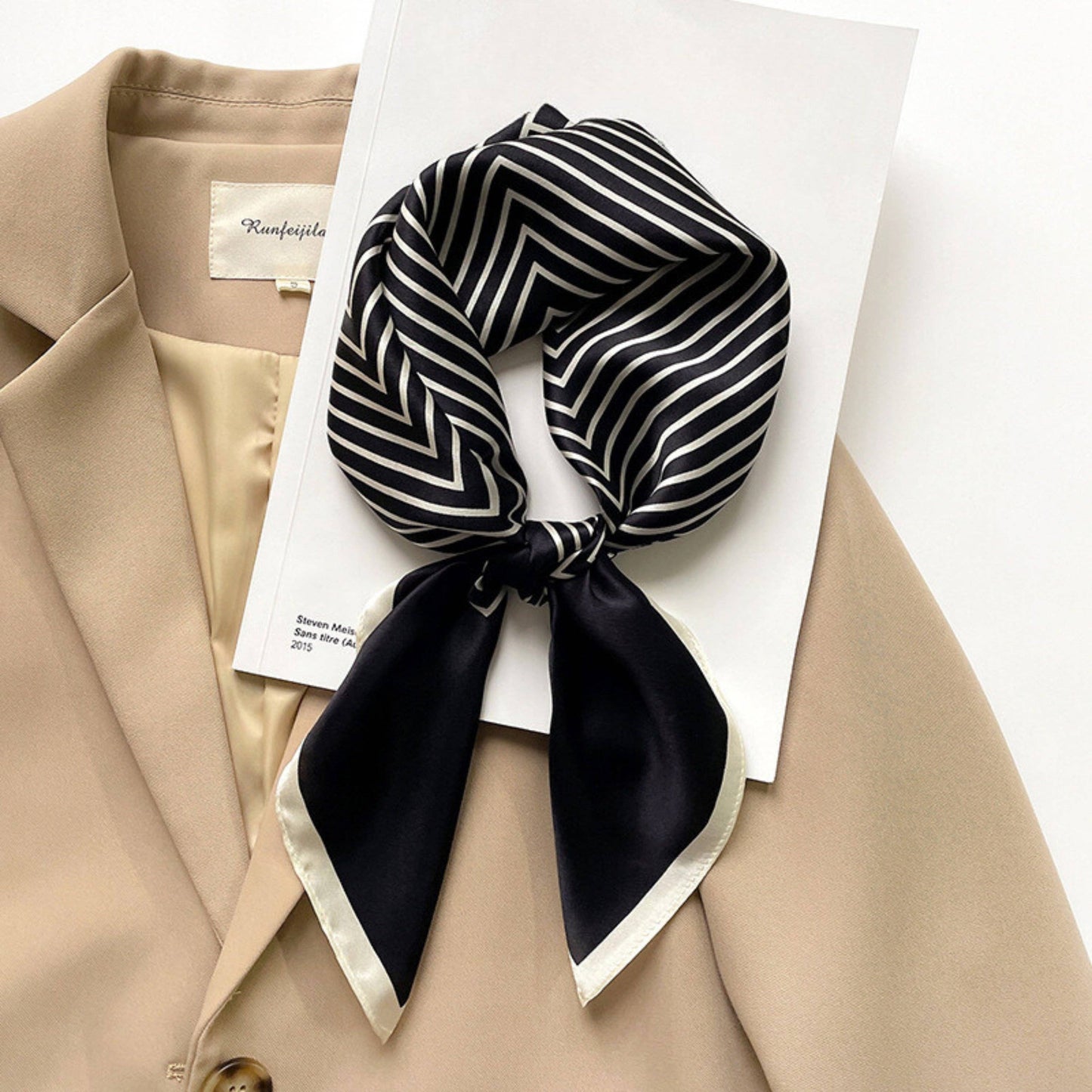 SueSilkHK - Minimalist Stripe pattern mulberry silk scarf/70CM 100% mulberry silk scarf/Silk shawl/Gift for her: Cream