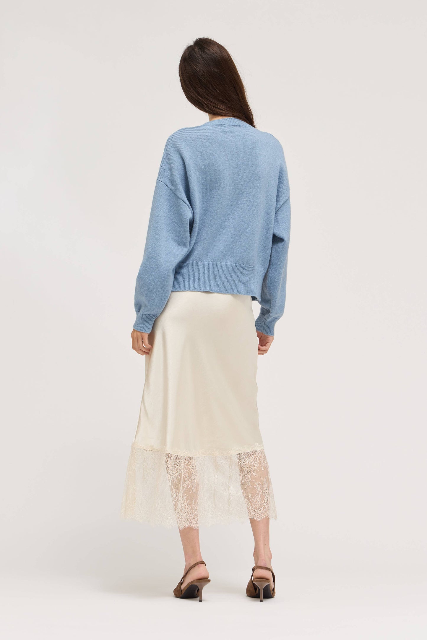 LACE TRIM MIDI SATIN SKIRT: