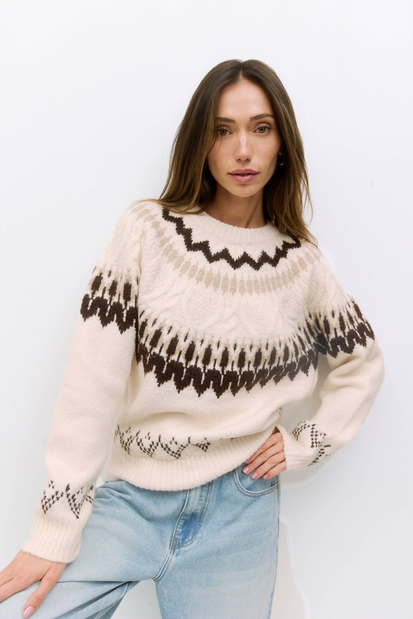 MOD REF - The Annemarie Sweater | Fair Isle Crewneck Sweater: CREAM-BROWN / MEDIUM