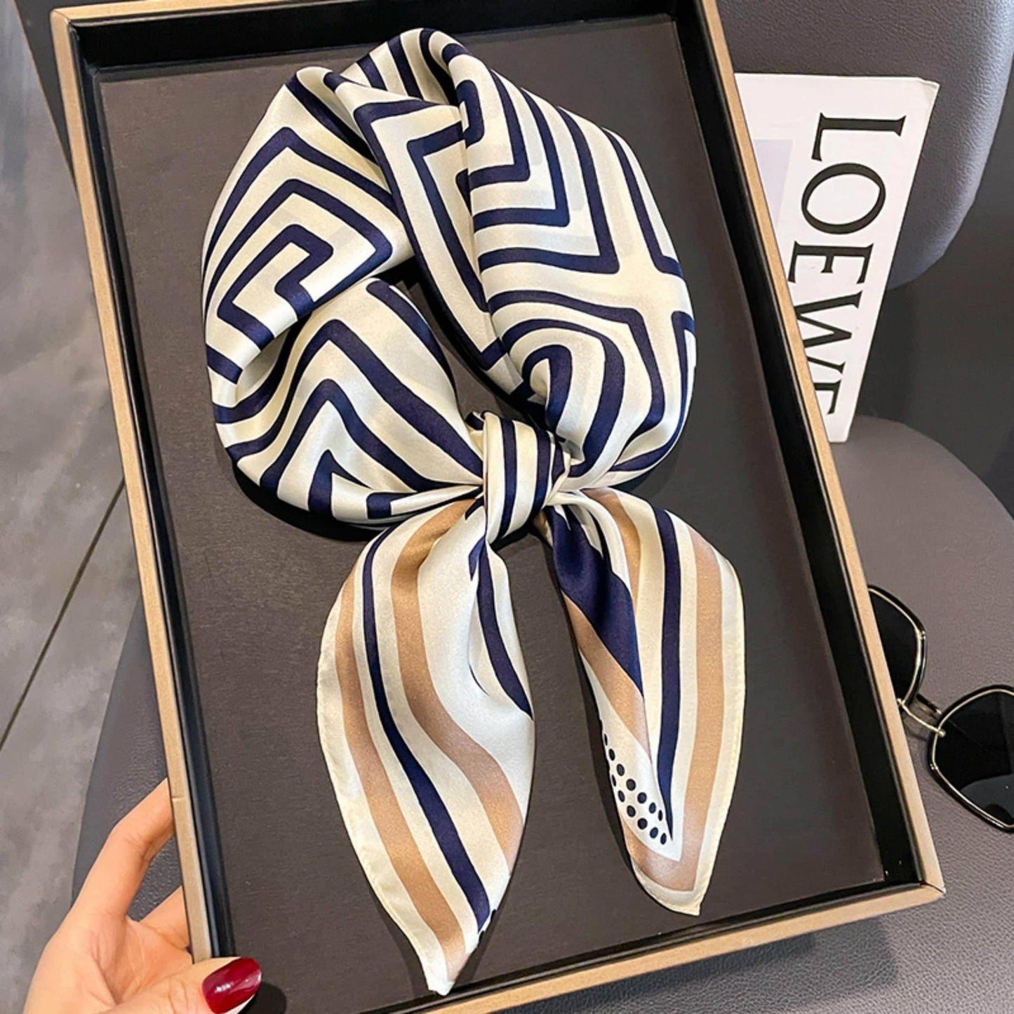 SueSilkHK - Minimalist striped mulberry silk scarf/70CM 100% mulberry silk scarf/Silk shawl/Gift for her: Beige blue