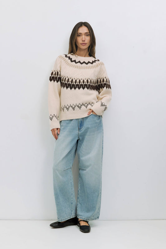 MOD REF - The Annemarie Sweater | Fair Isle Crewneck Sweater: CREAM-BROWN / MEDIUM