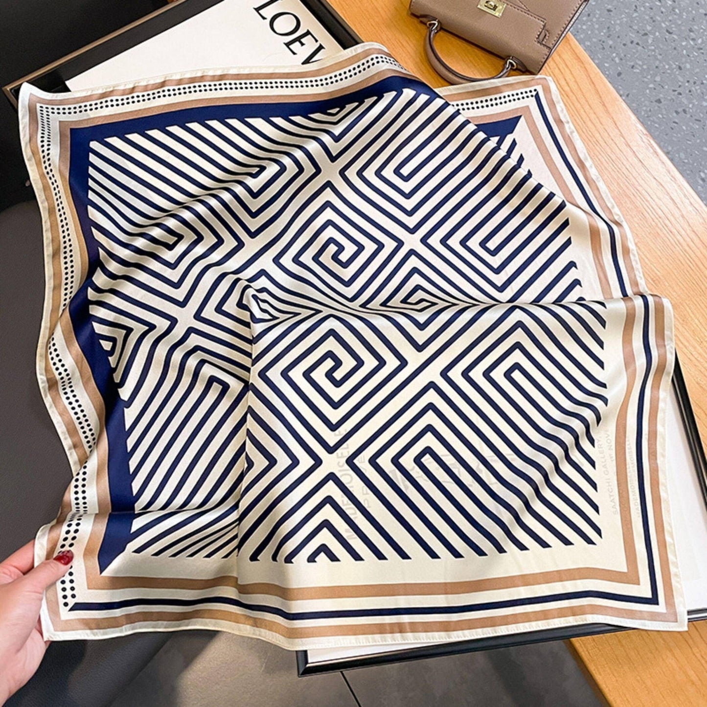 SueSilkHK - Minimalist striped mulberry silk scarf/70CM 100% mulberry silk scarf/Silk shawl/Gift for her: Beige blue