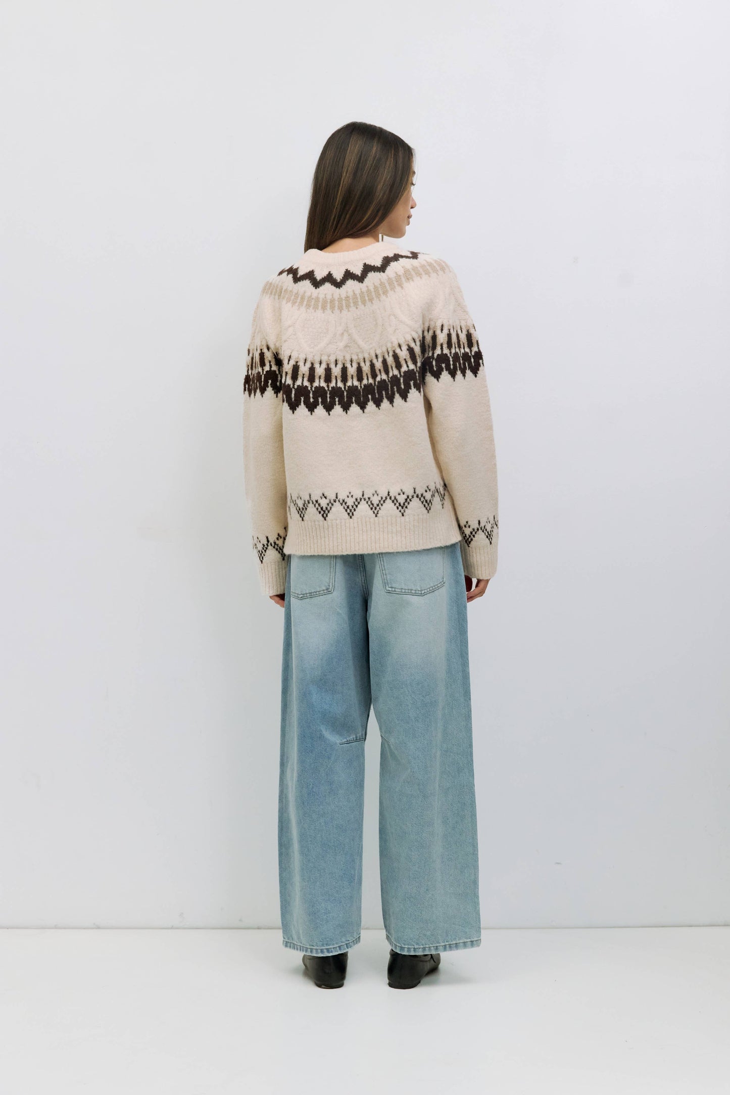MOD REF - The Annemarie Sweater | Fair Isle Crewneck Sweater: CREAM-BROWN / MEDIUM