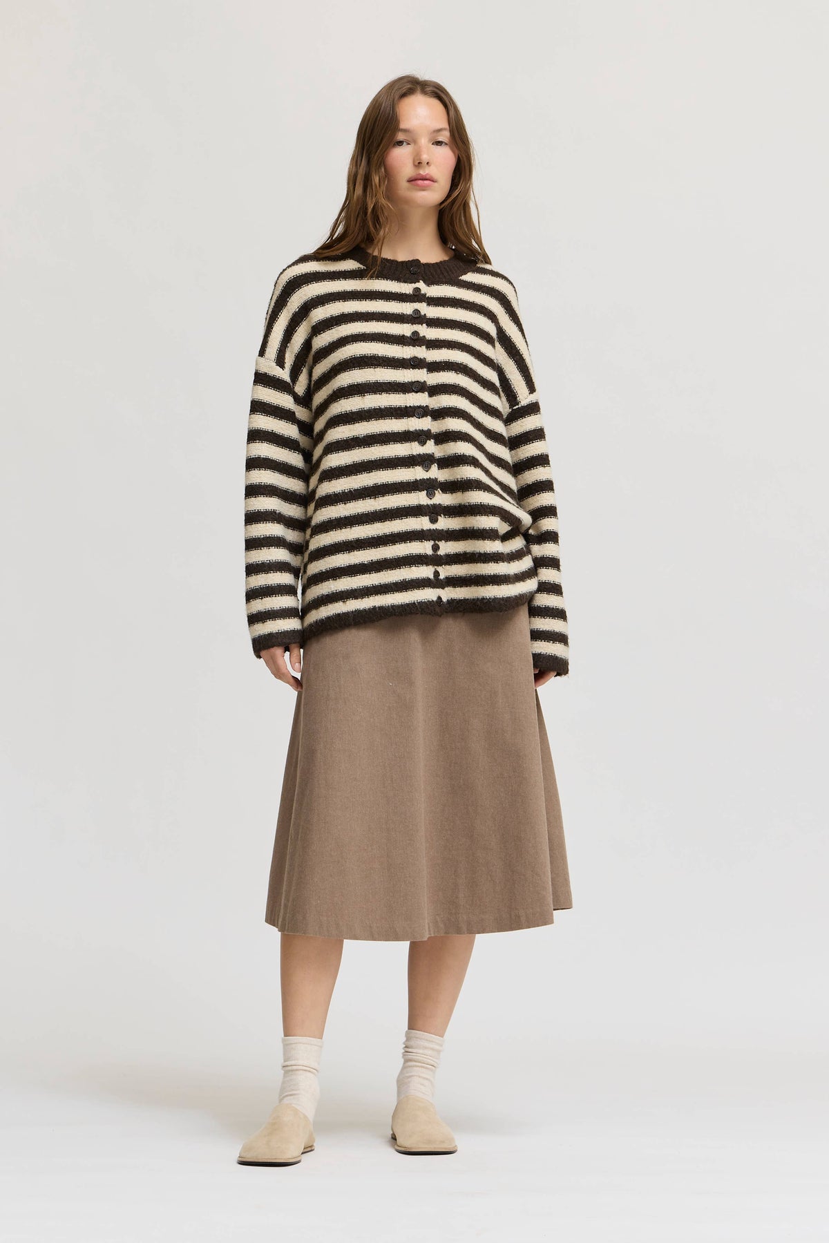 Grade & Gather - 80567 - STRIPED BUTTON UP CARDIGAN: CAROB CREAM / Contemporary / M/L