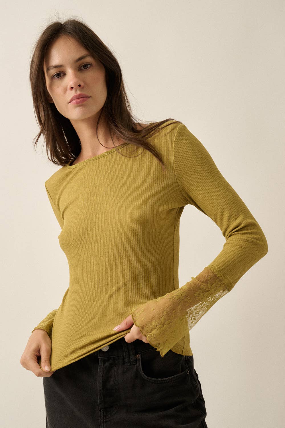 Long-Sleeve Lace-Cuff Fitted Top: