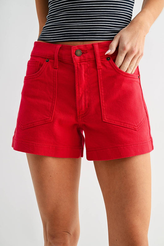 Red tailored utility shorts