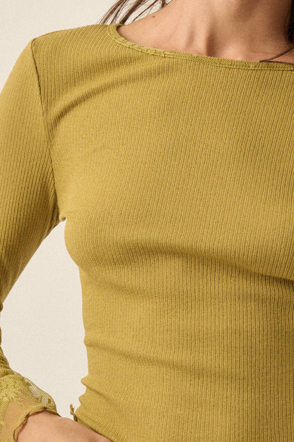 Long-Sleeve Lace-Cuff Fitted Top: