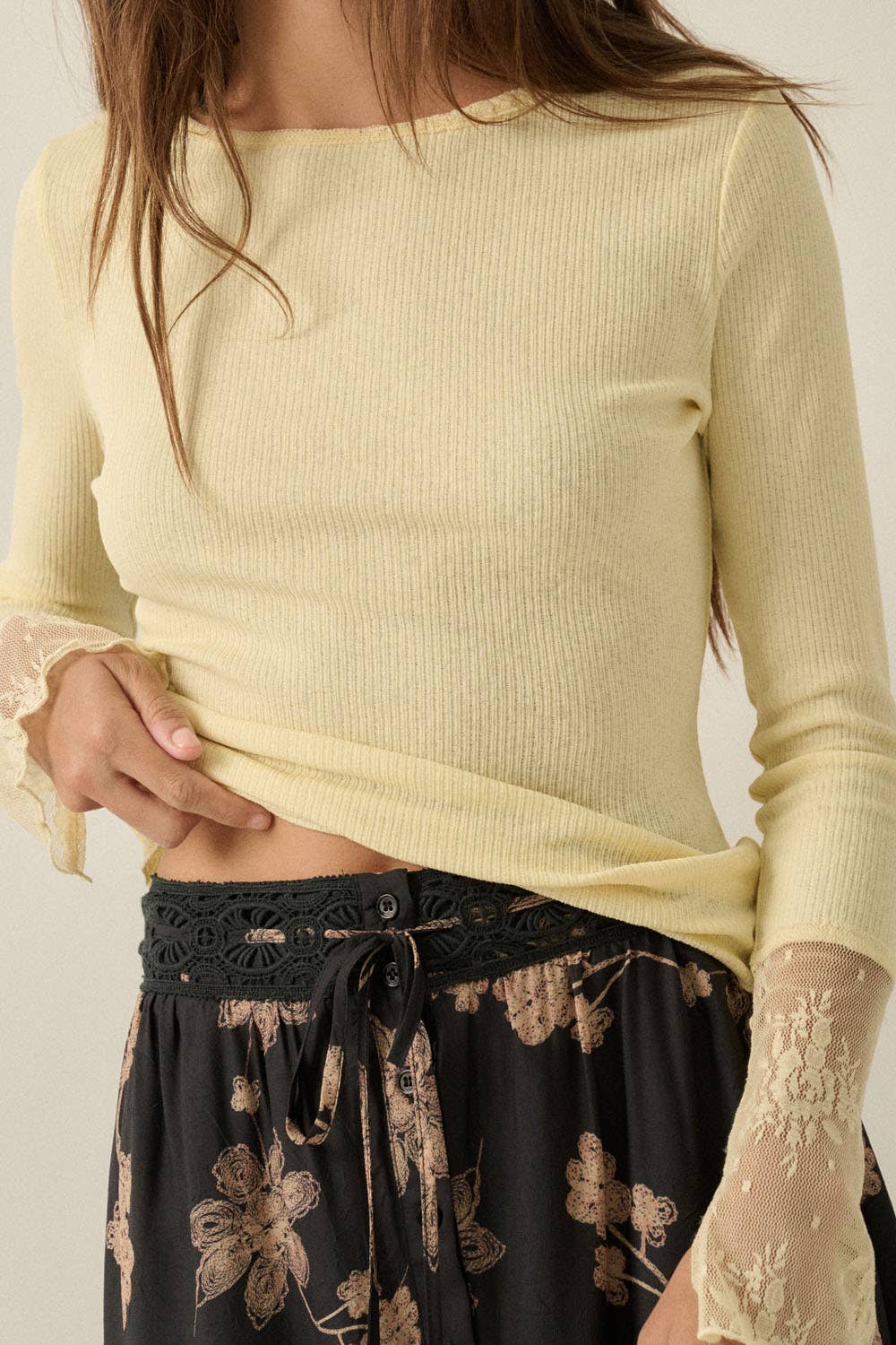 Long-Sleeve Lace-Cuff Top: Cream