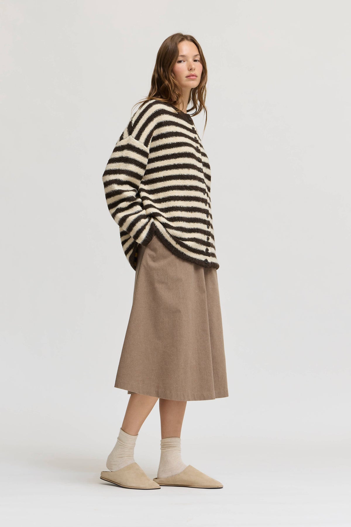 Grade & Gather - 80567 - STRIPED BUTTON UP CARDIGAN: CAROB CREAM / Contemporary / M/L