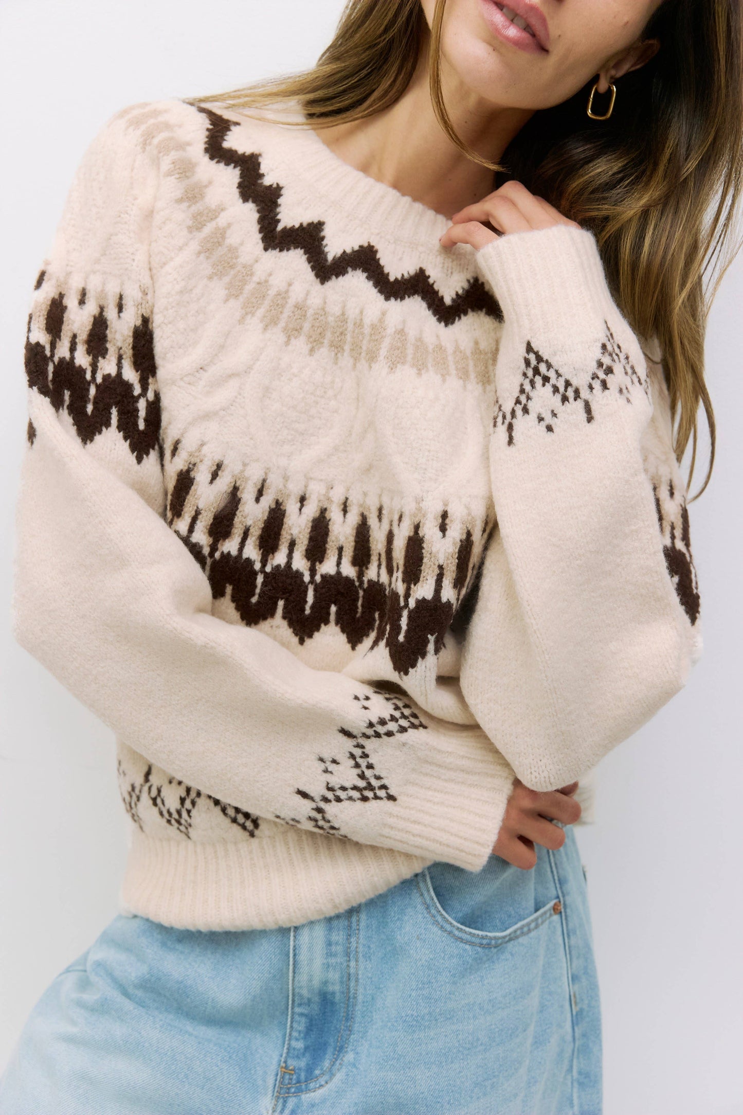 MOD REF - The Annemarie Sweater | Fair Isle Crewneck Sweater: CREAM-BROWN / MEDIUM