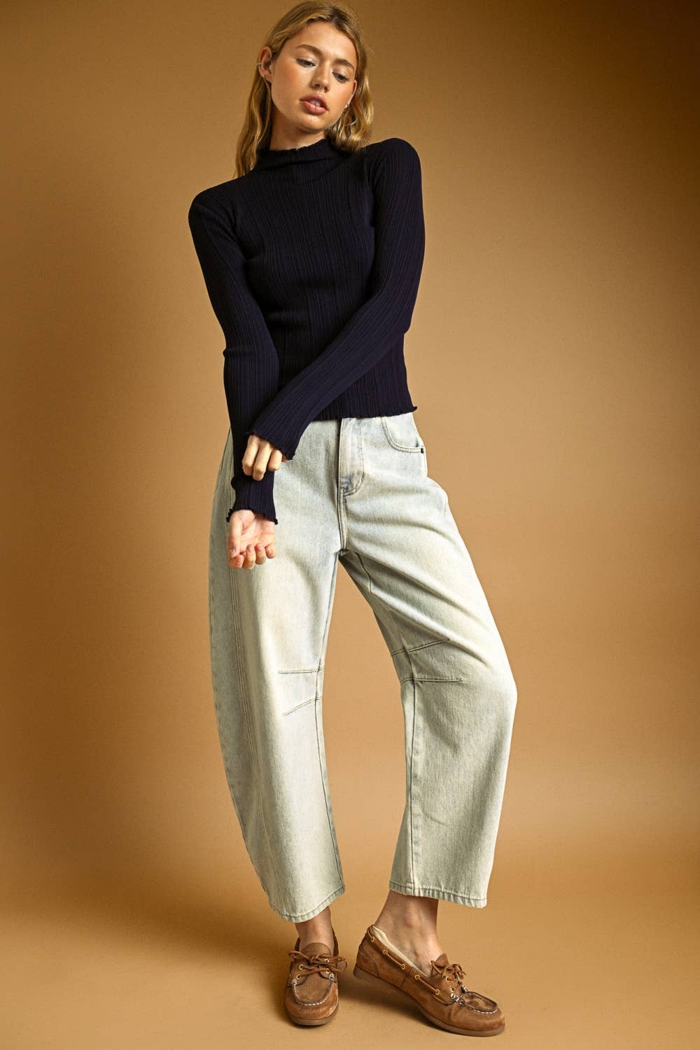LONG SLEEVE RIBBED KNITTED TOP (navy)