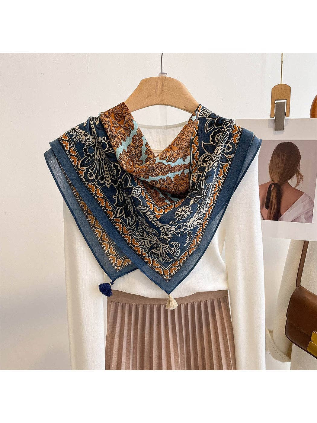 Funkyrel® Atzbranding Limited - Scarvii - Navy Retro Floral Print Tassel Square Scarf: Navy