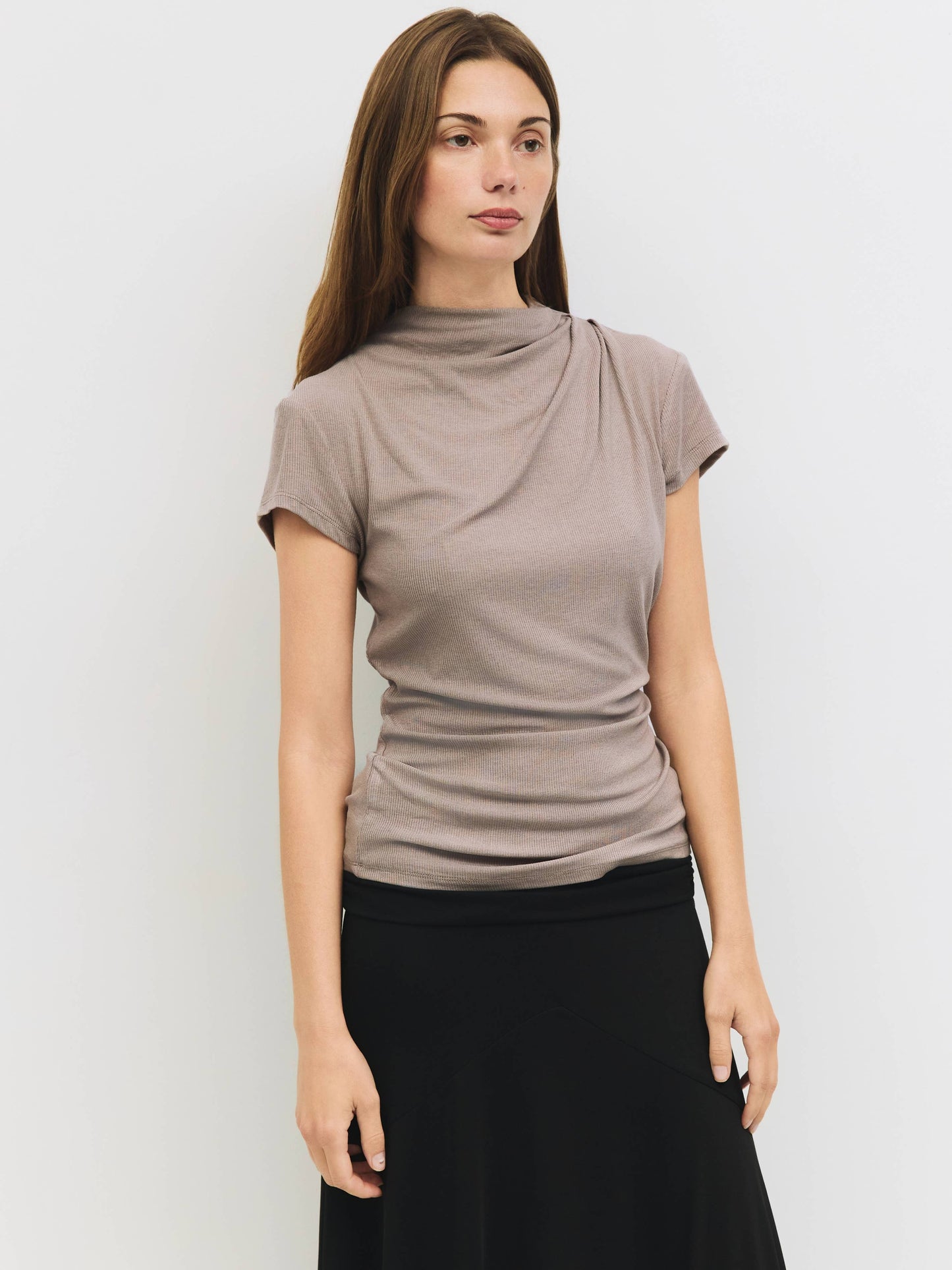 MOD REF - The Marissa Top | Cap Sleeve Mock Cowl Neck Top: CHARCOAL / LARGE