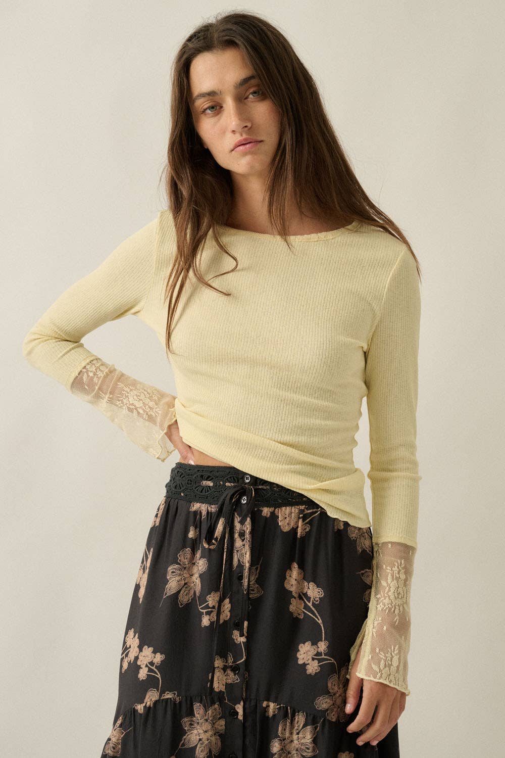 Long-Sleeve Lace-Cuff Top: Cream