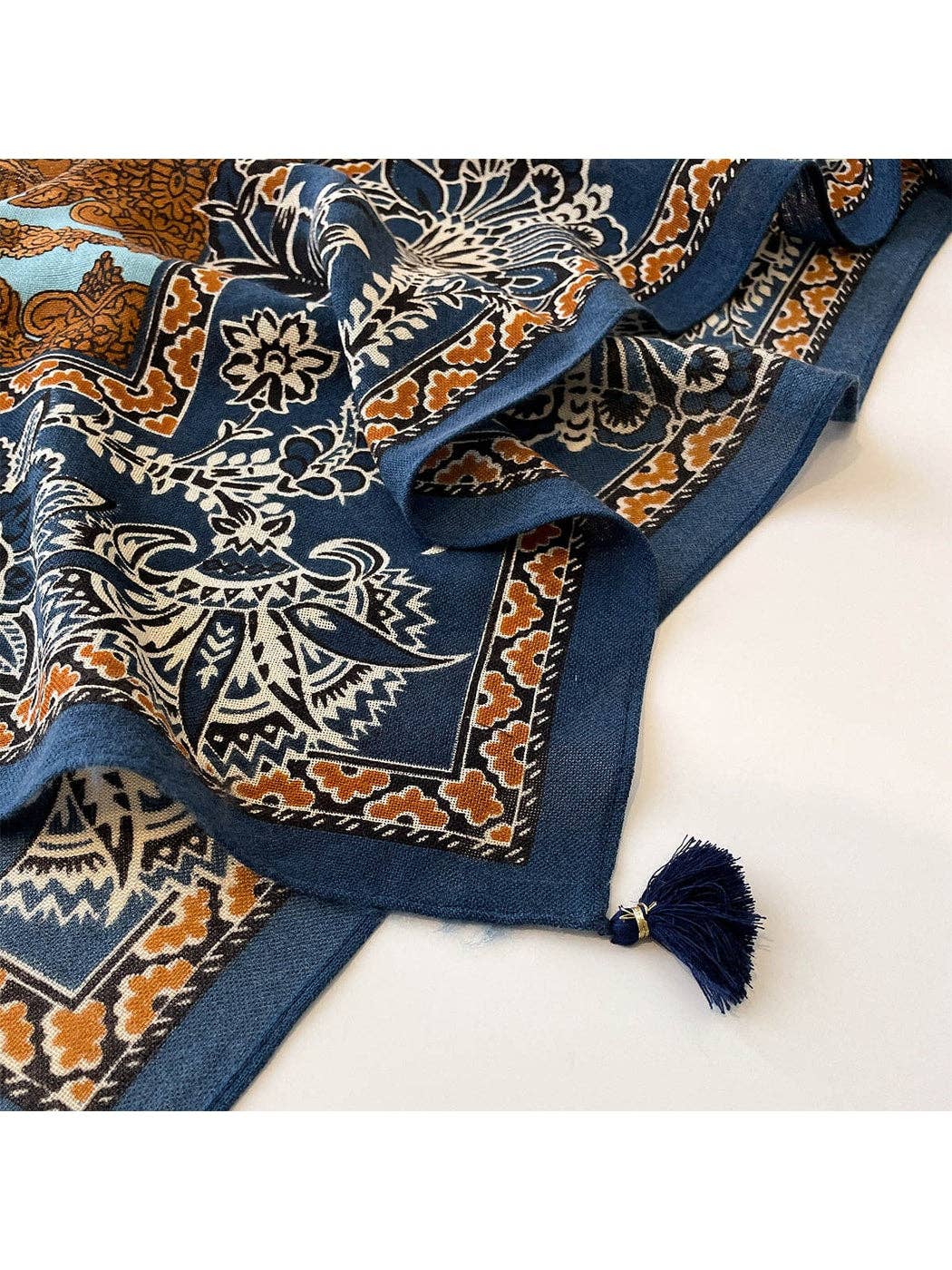 Funkyrel® Atzbranding Limited - Scarvii - Navy Retro Floral Print Tassel Square Scarf: Navy