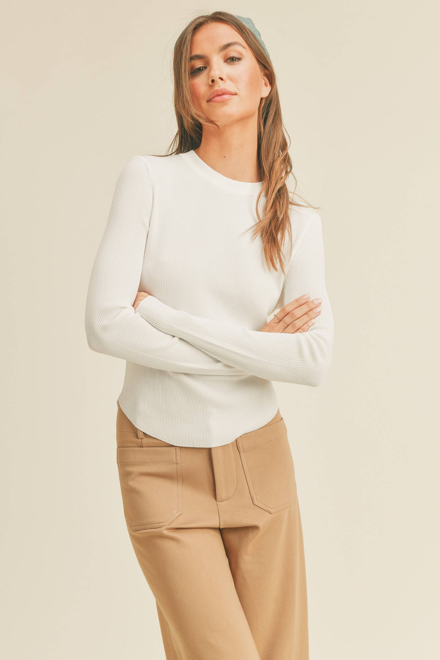 FRANKIE RIBBED LONG SLEEVE  TOP: GREY MOCHA