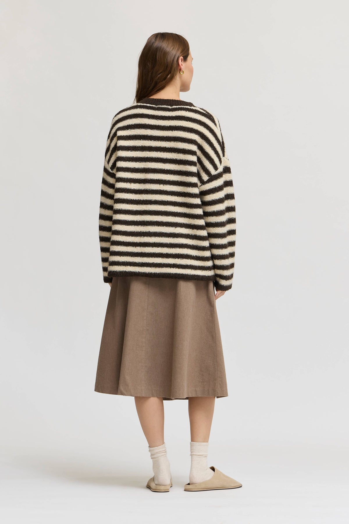 Grade & Gather - 80567 - STRIPED BUTTON UP CARDIGAN: CAROB CREAM / Contemporary / M/L