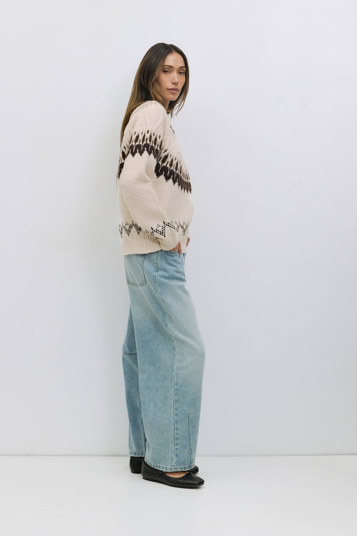 MOD REF - The Annemarie Sweater | Fair Isle Crewneck Sweater: CREAM-BROWN / MEDIUM