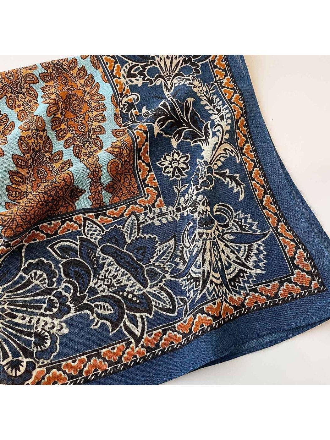 Funkyrel® Atzbranding Limited - Scarvii - Navy Retro Floral Print Tassel Square Scarf: Navy
