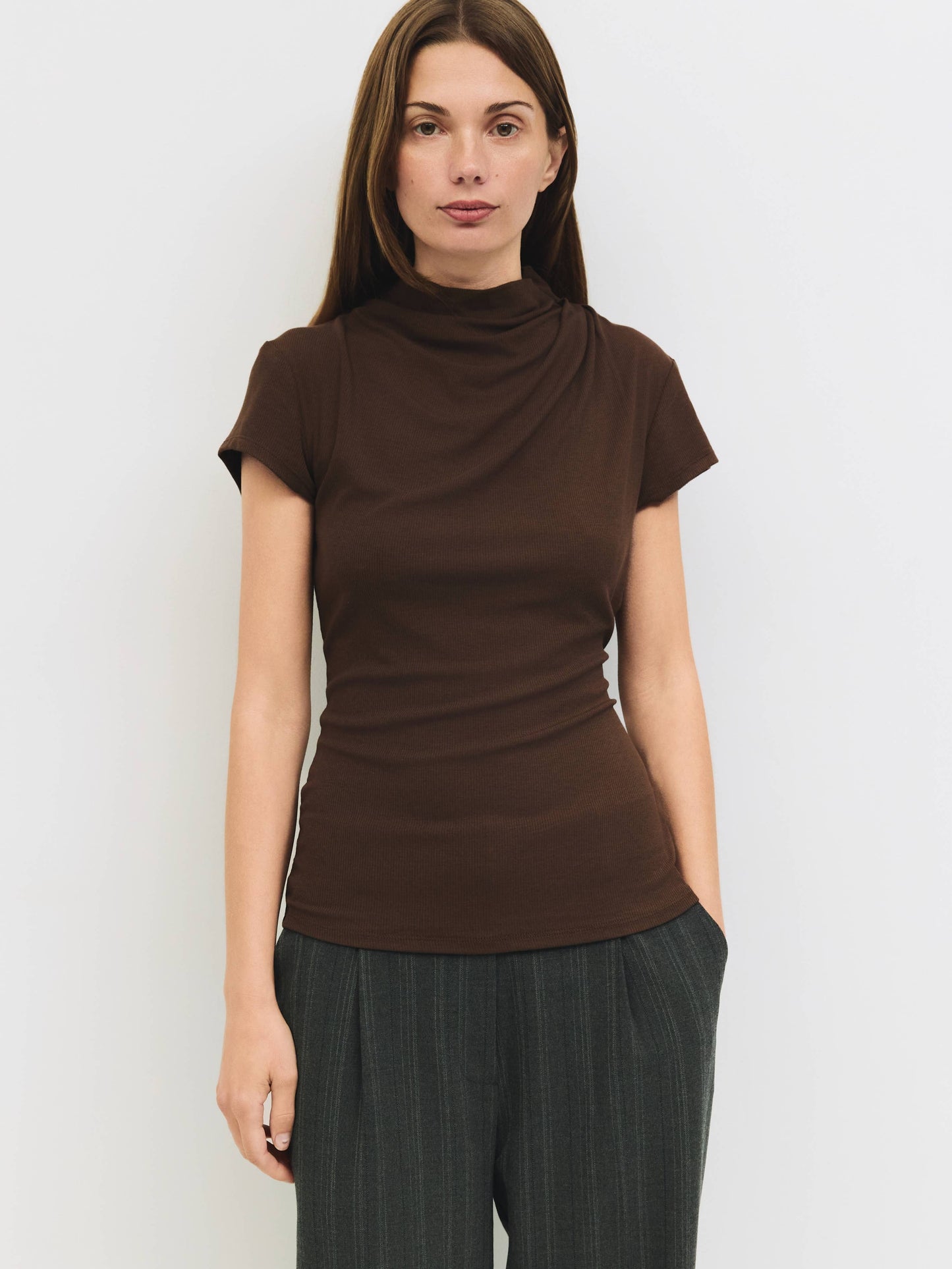 MOD REF - The Marissa Top | Cap Sleeve Mock Cowl Neck Top: CHARCOAL / SMALL