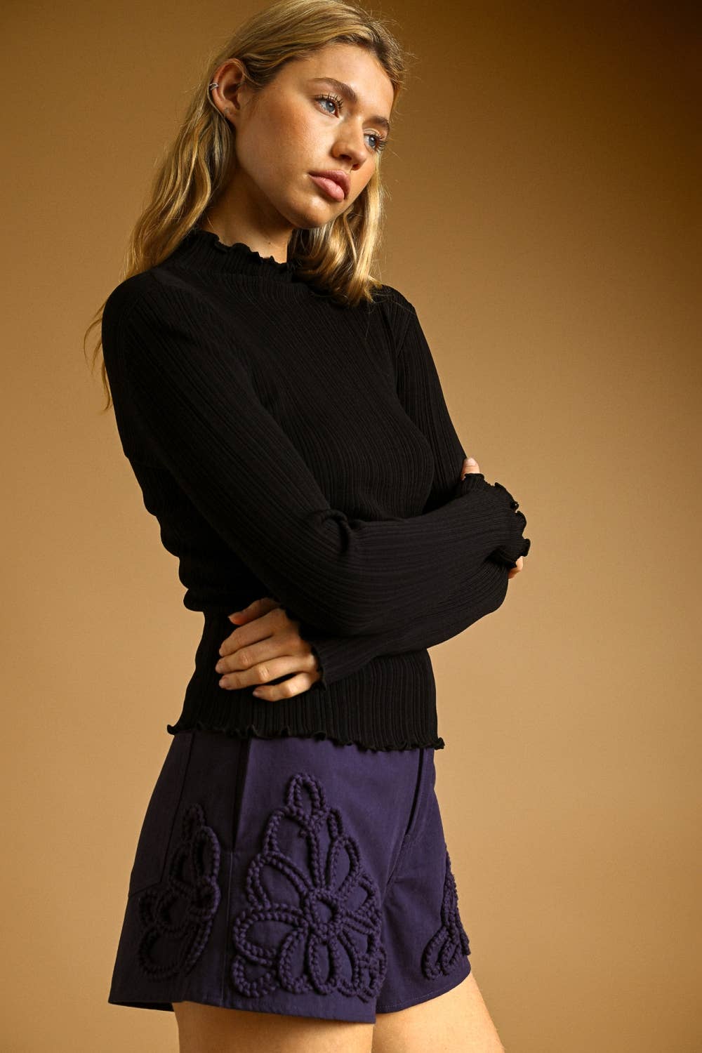 LONG SLEEVE RIBBED KNITTED TOP (black)