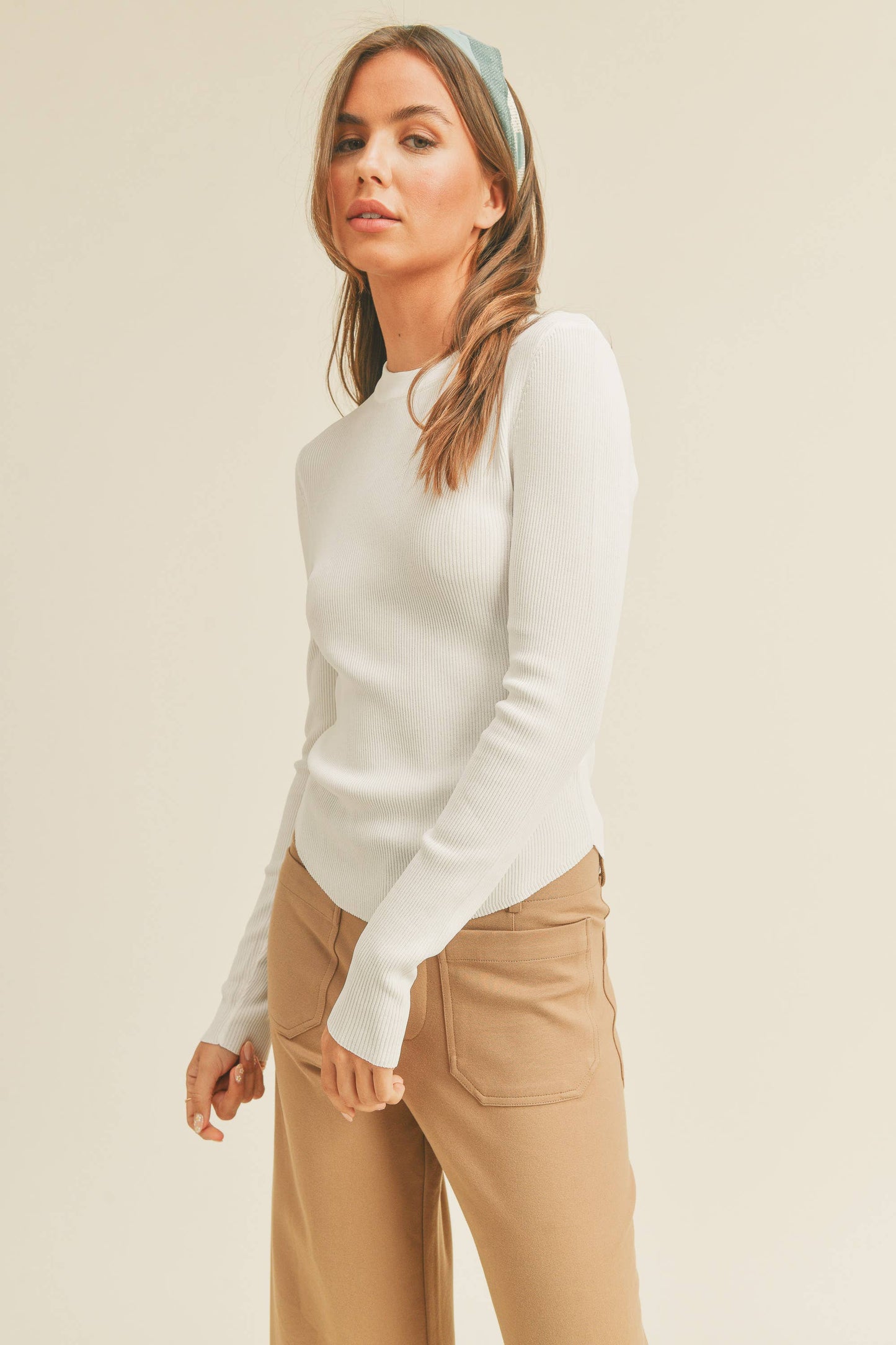 FRANKIE RIBBED LONG SLEEVE  TOP: GREY MOCHA