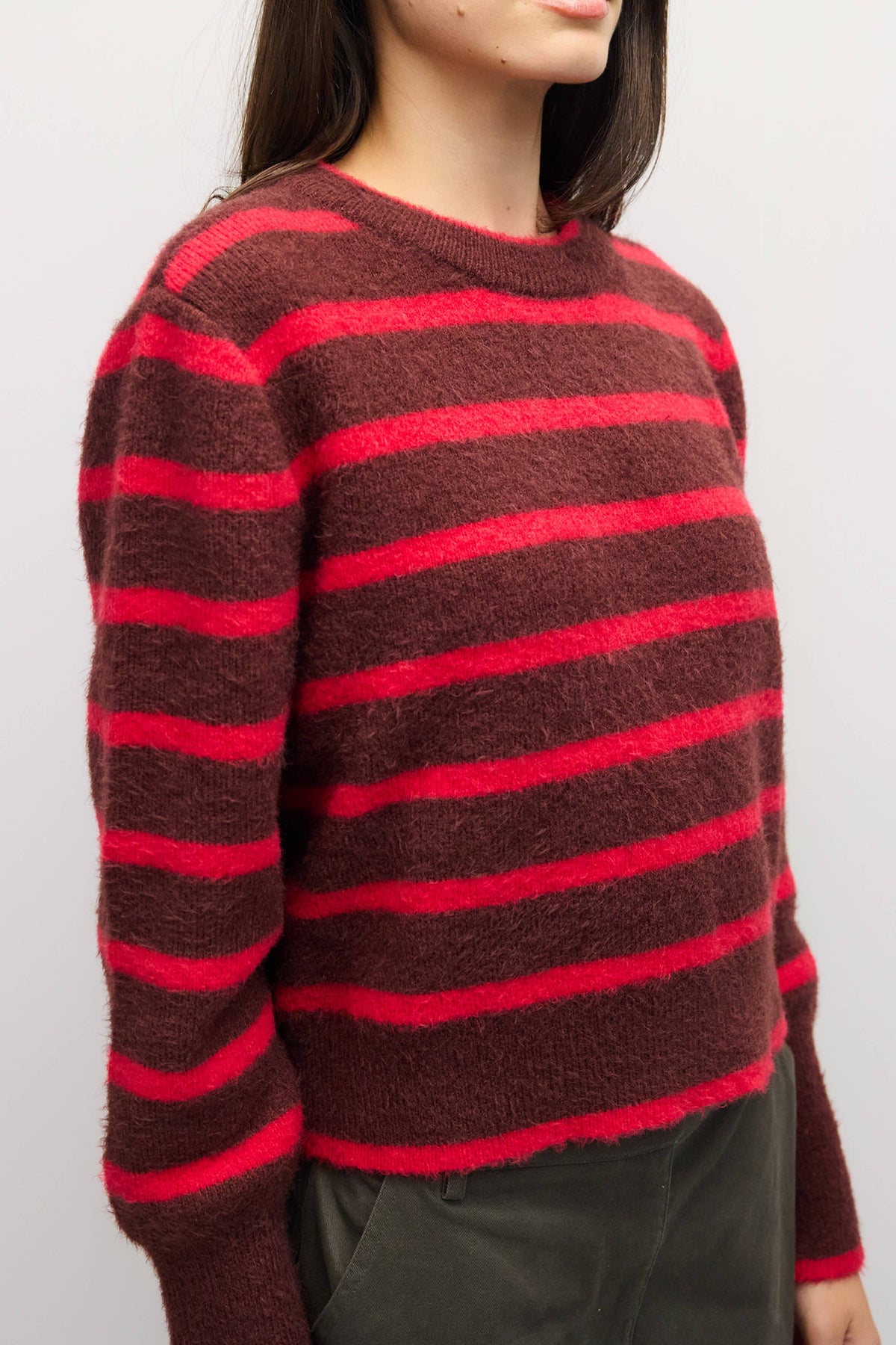 MOD REF - The Mckenzie Sweater | Striped Boucle Crewneck Sweater: Brown-Red / MEDIUM
