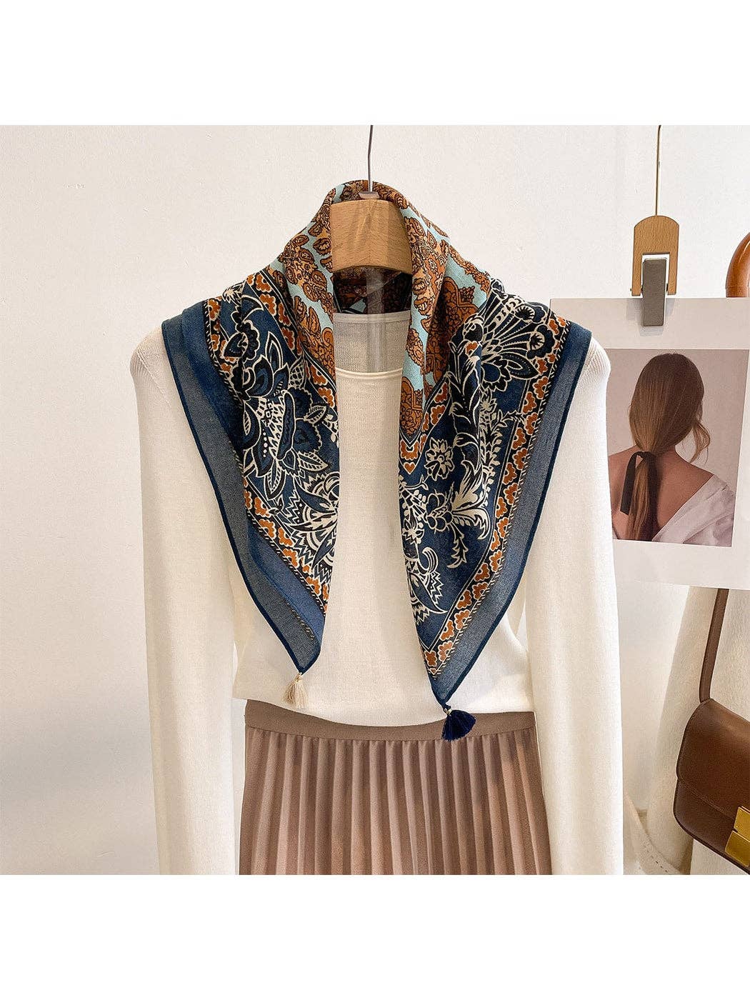 Funkyrel® Atzbranding Limited - Scarvii - Navy Retro Floral Print Tassel Square Scarf: Navy