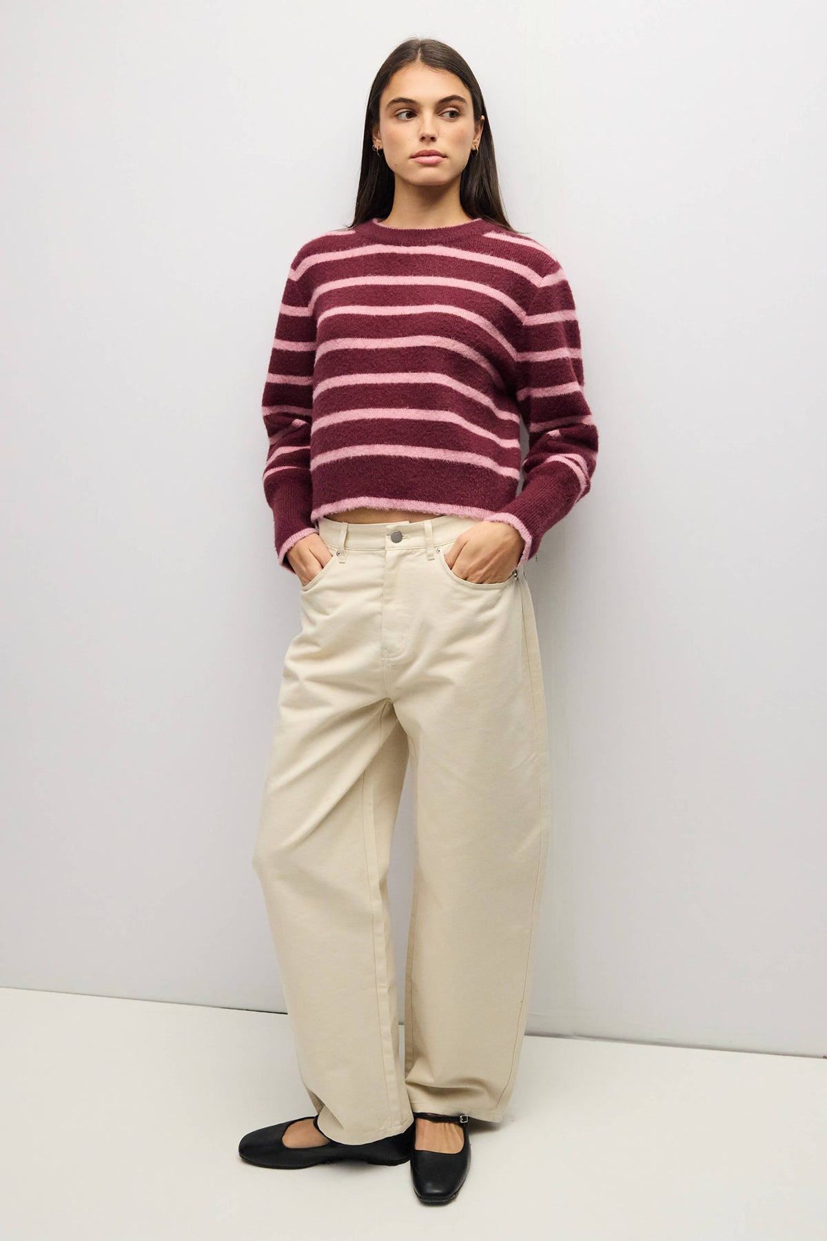 MOD REF - The Mckenzie Sweater | Striped Boucle Crewneck Sweater: Brown-Red / MEDIUM