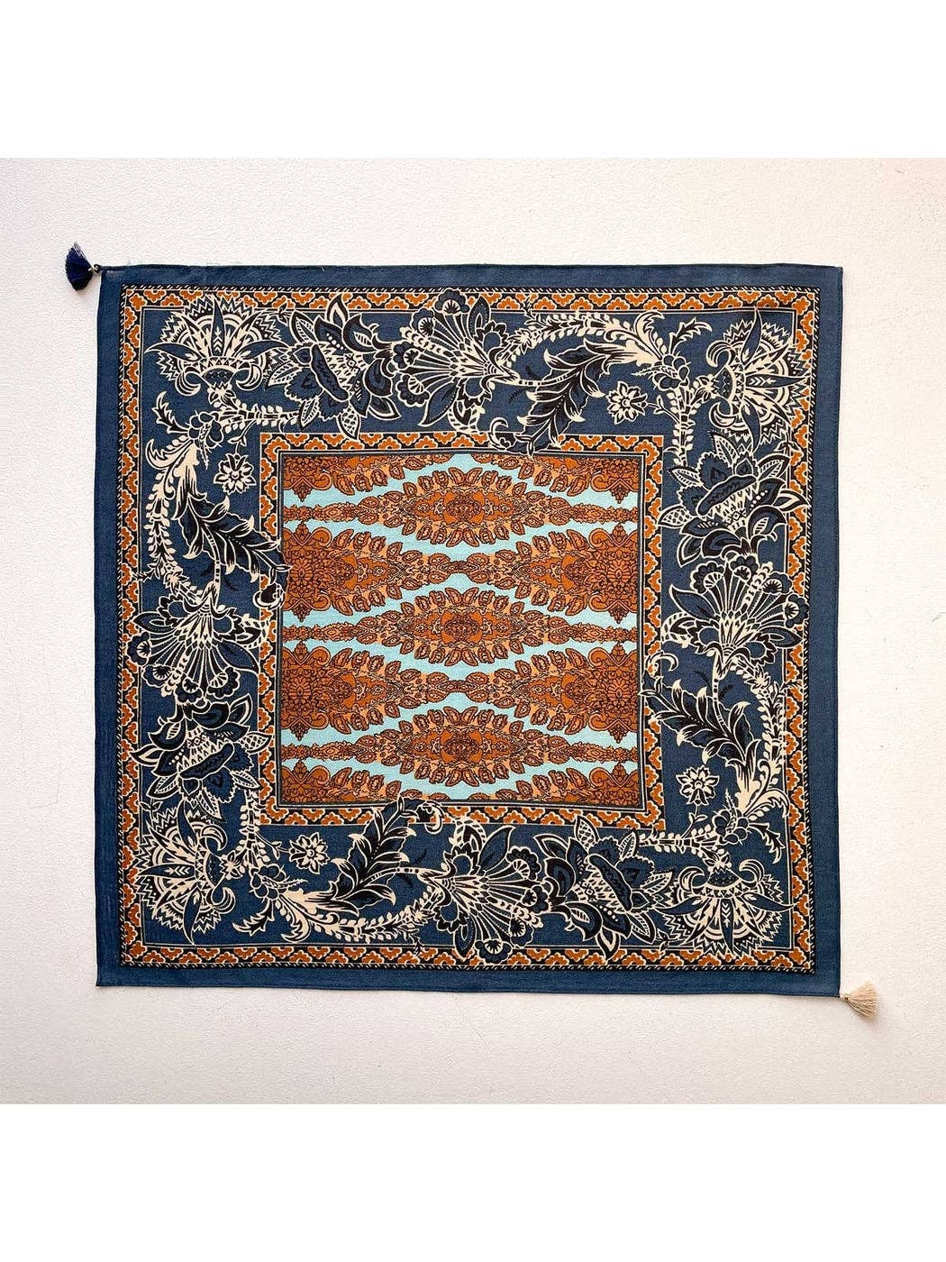 Funkyrel® Atzbranding Limited - Scarvii - Navy Retro Floral Print Tassel Square Scarf: Navy