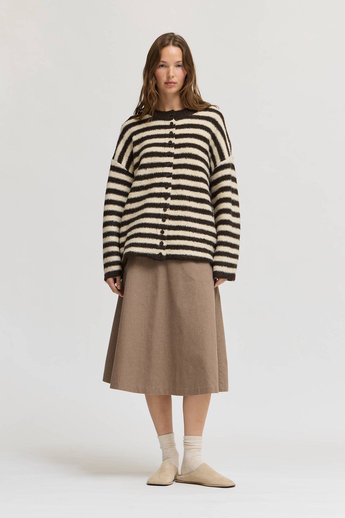 Grade & Gather - 80567 - STRIPED BUTTON UP CARDIGAN: CAROB CREAM / Contemporary / M/L