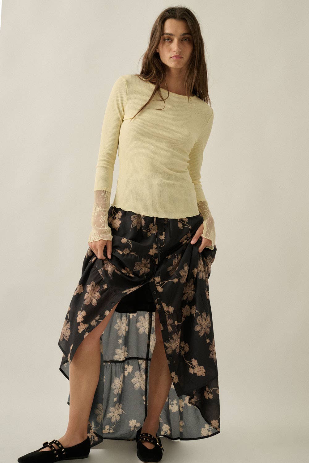 Long-Sleeve Lace-Cuff Top: Cream