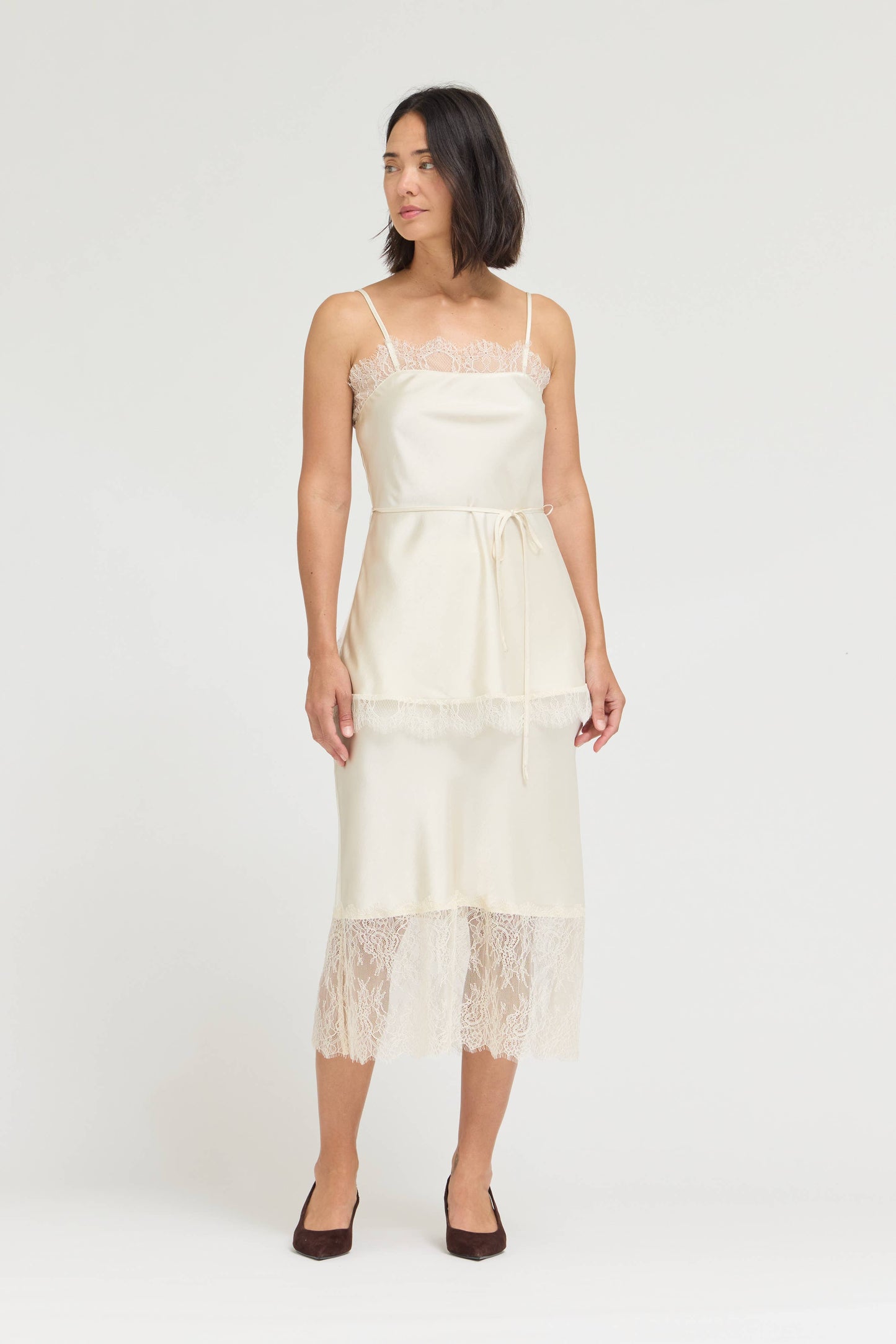LACE TRIM SATIN TOP: CREAM