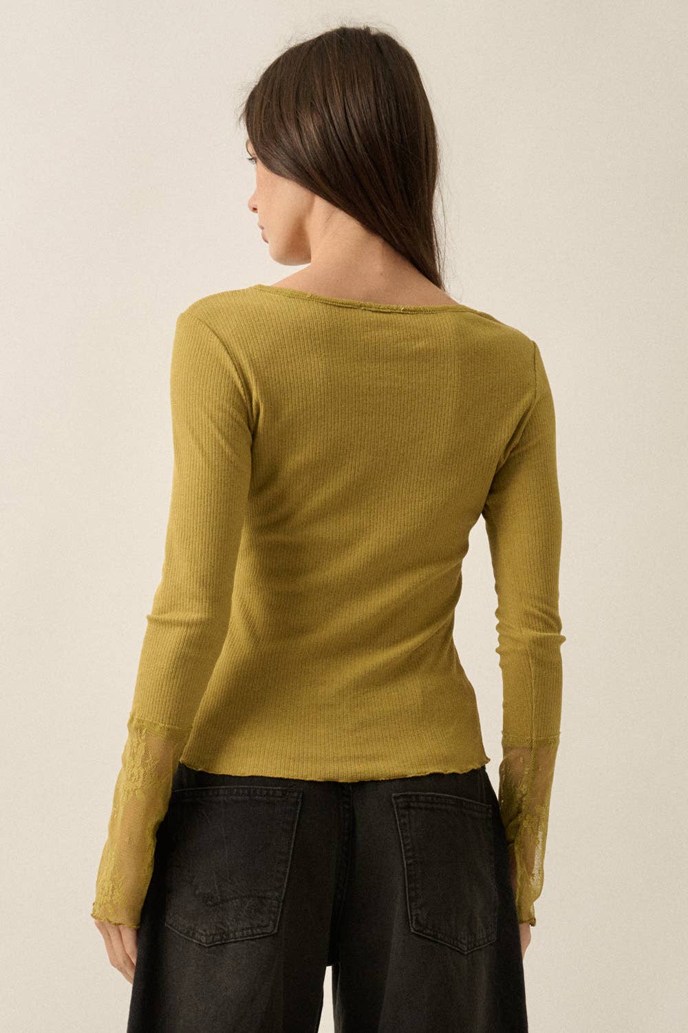 Long-Sleeve Lace-Cuff Fitted Top: