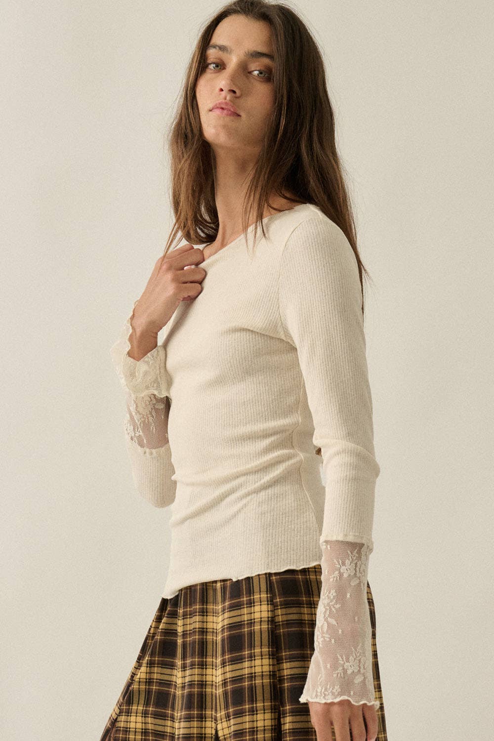 Promesa USA - Solid Ribbed Knit Long-Sleeve Lace-Cuff Fitted Top: Cream / M