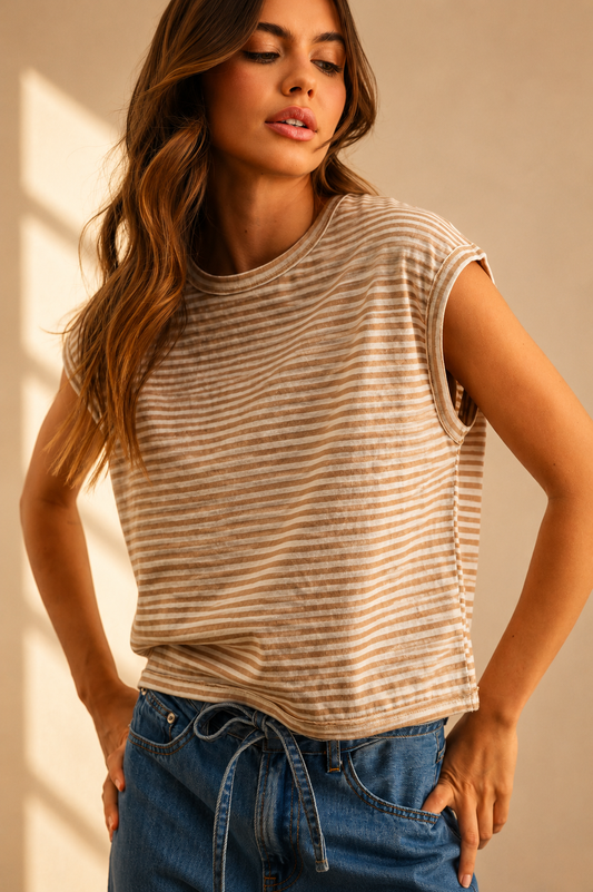 STRIPE SLUB TOP: TAN/WHITE