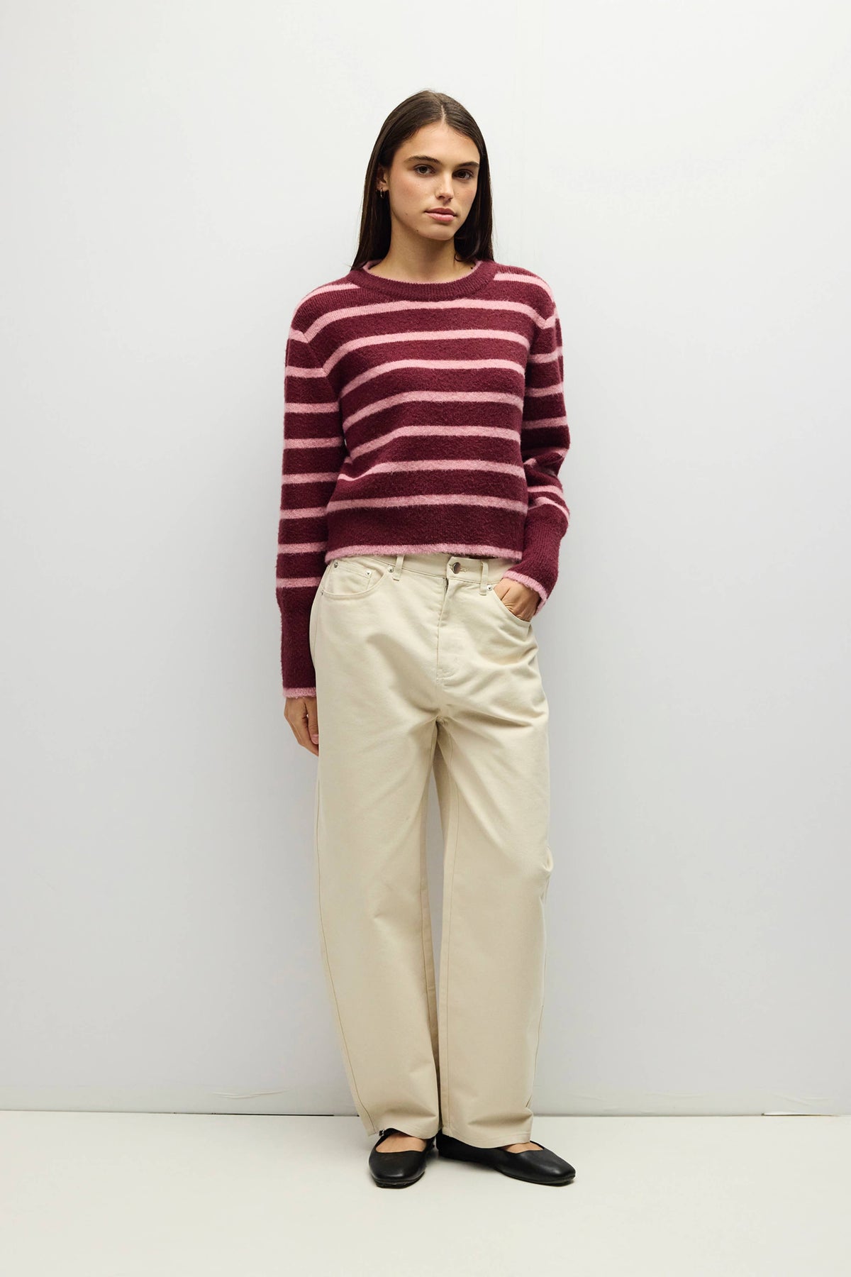 MOD REF - The Mckenzie Sweater | Striped Boucle Crewneck Sweater: Brown-Red / LARGE