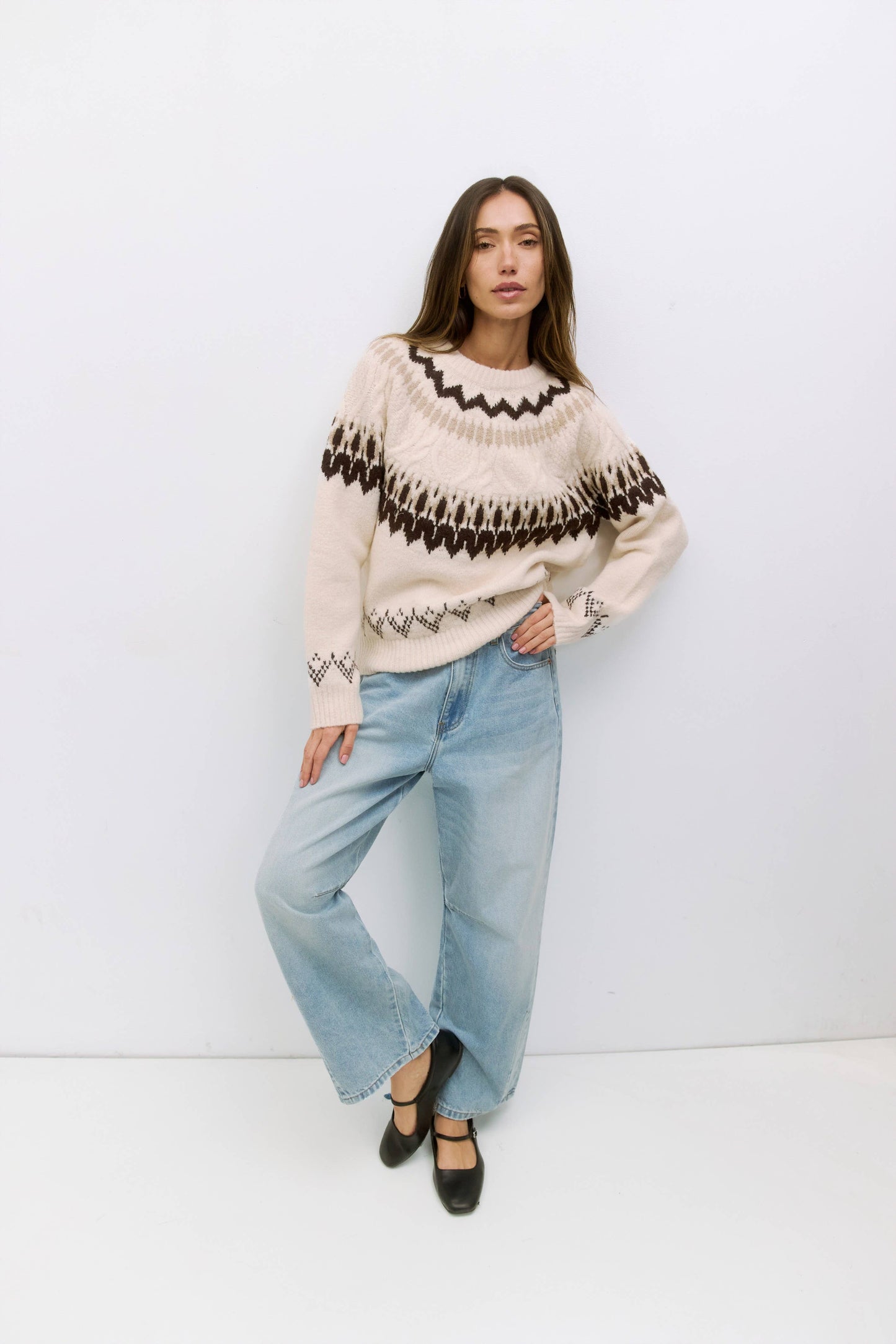 MOD REF - The Annemarie Sweater | Fair Isle Crewneck Sweater: CREAM-BROWN / MEDIUM