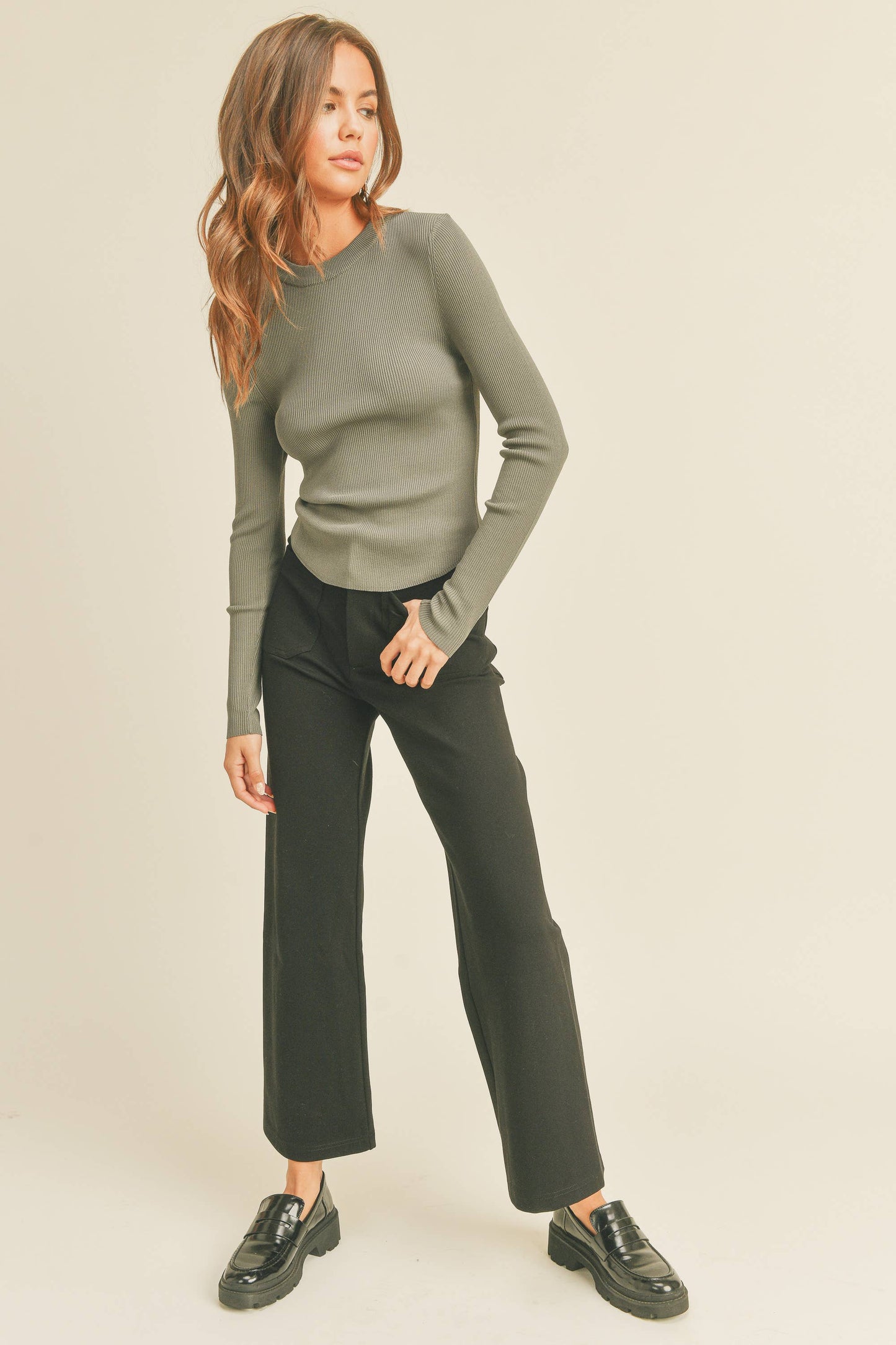 FRANKIE RIBBED LONG SLEEVE  TOP: GREY MOCHA