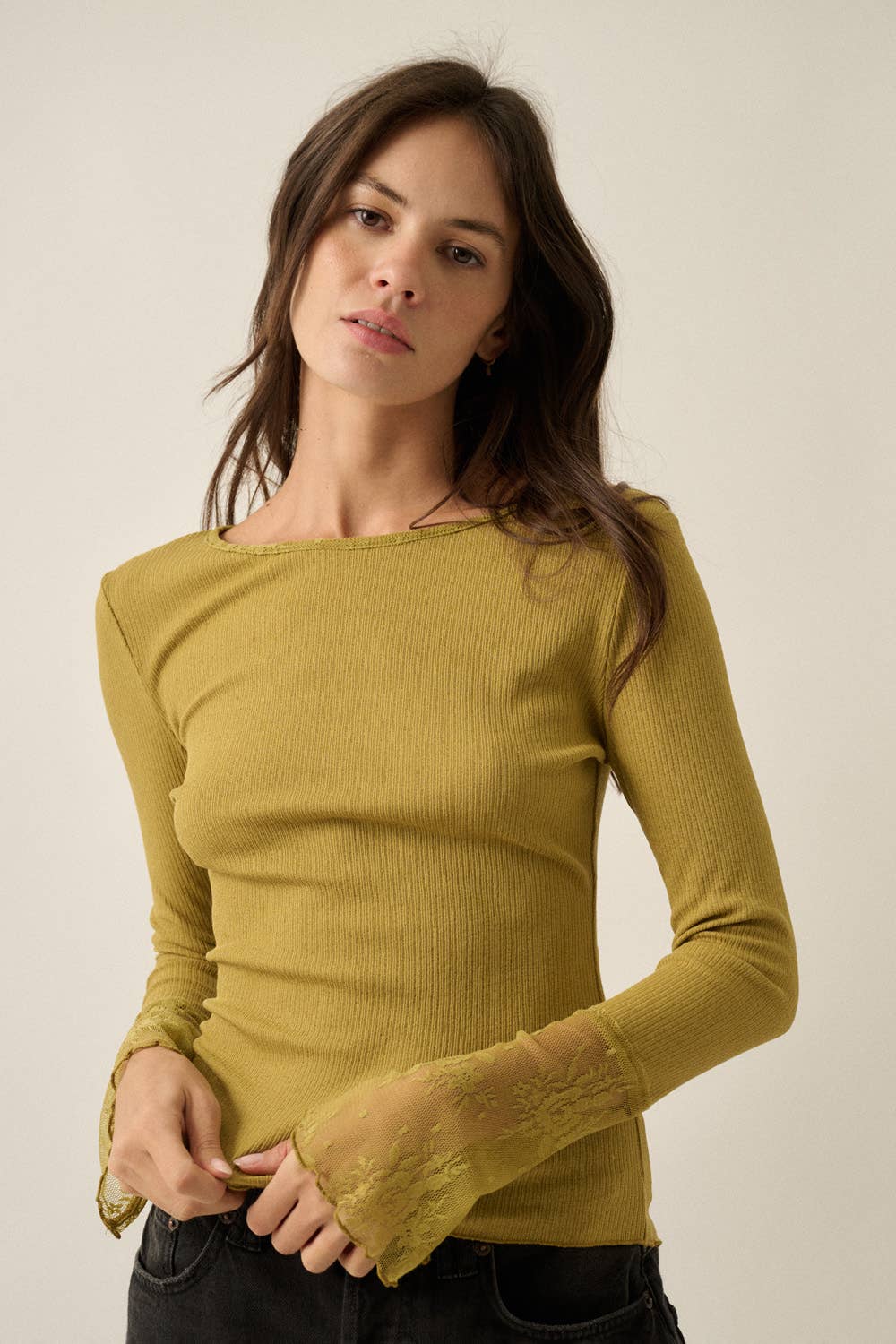 Long-Sleeve Lace-Cuff Fitted Top: