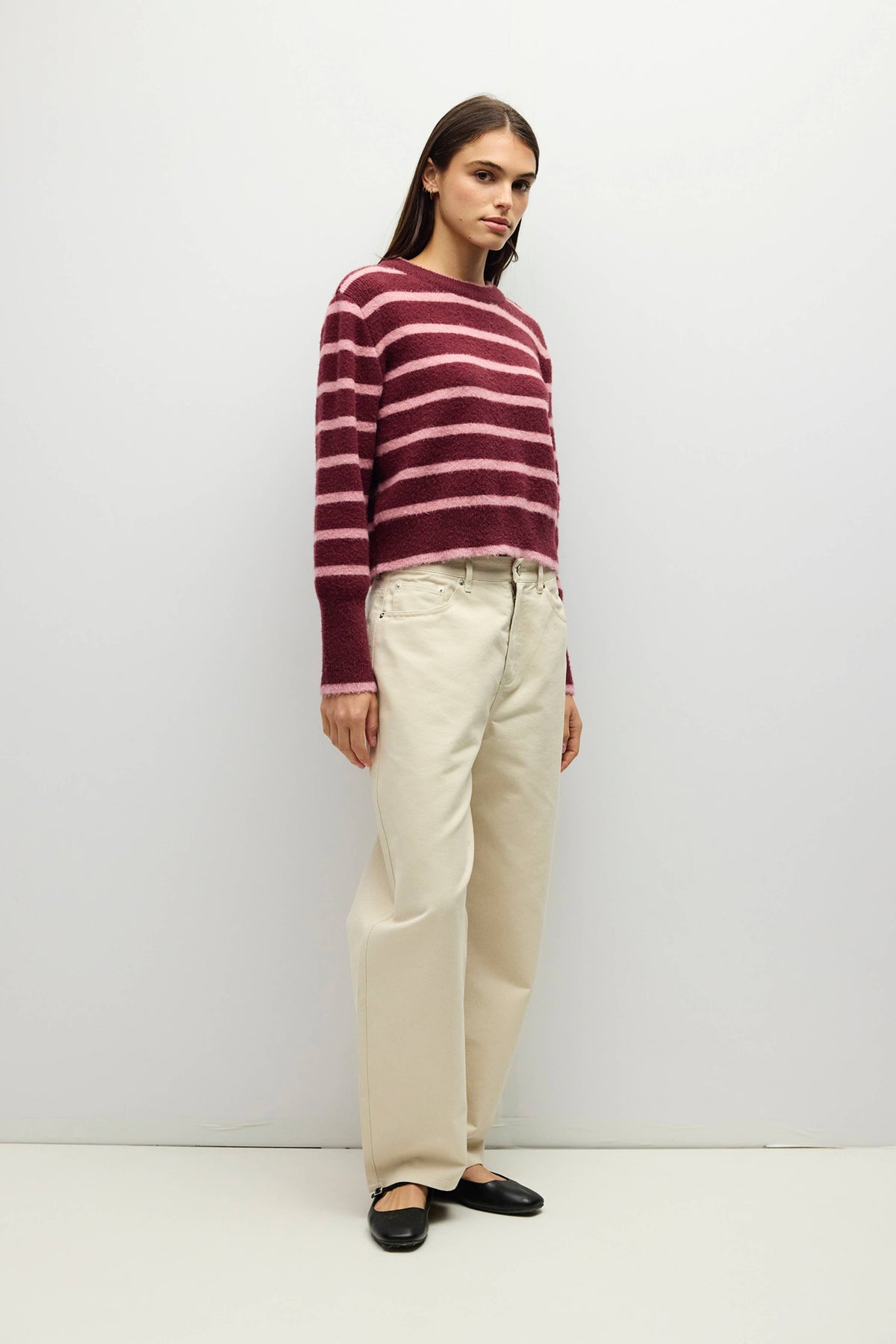 MOD REF - The Mckenzie Sweater | Striped Boucle Crewneck Sweater: Brown-Red / MEDIUM