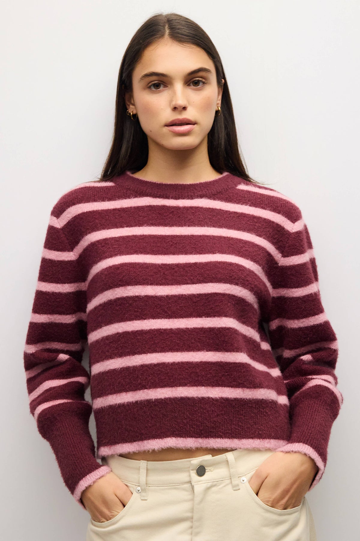 MOD REF - The Mckenzie Sweater | Striped Boucle Crewneck Sweater: Brown-Red / LARGE