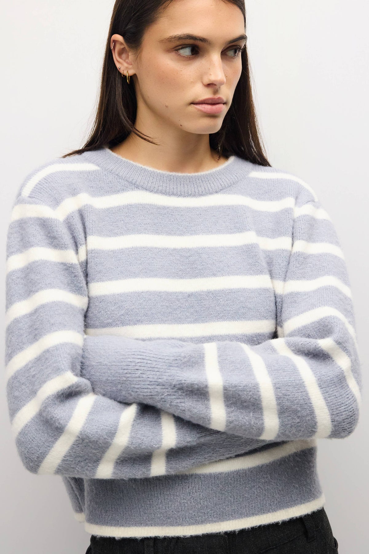 MOD REF - The Mckenzie Sweater | Striped Boucle Crewneck Sweater: Brown-Red / LARGE