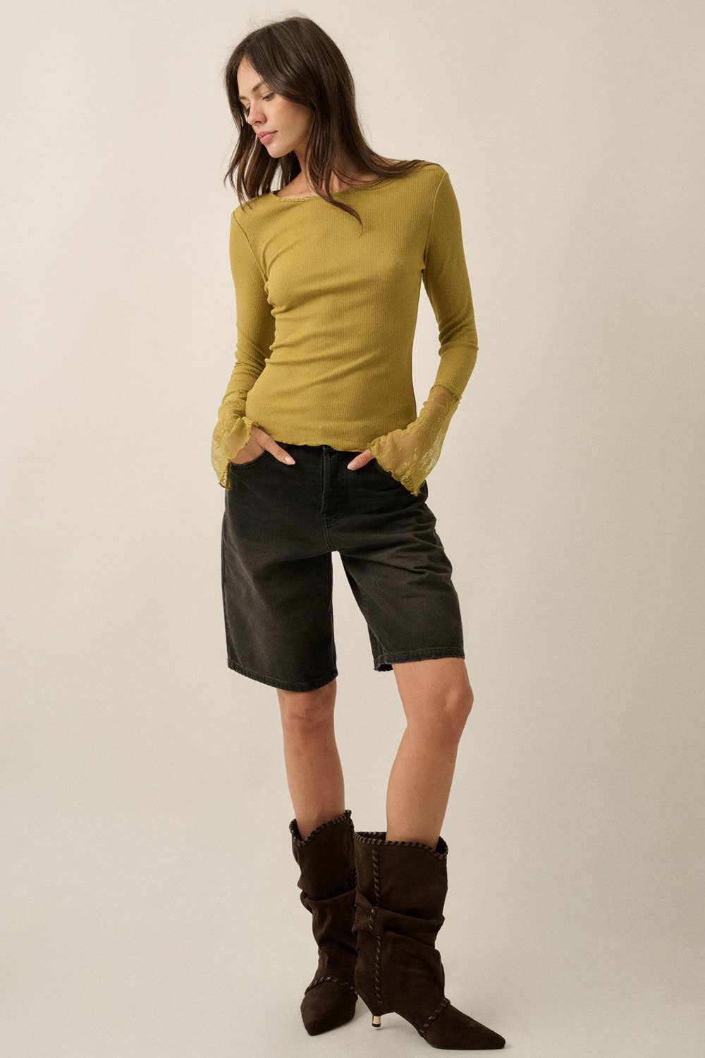 Long-Sleeve Lace-Cuff Fitted Top: