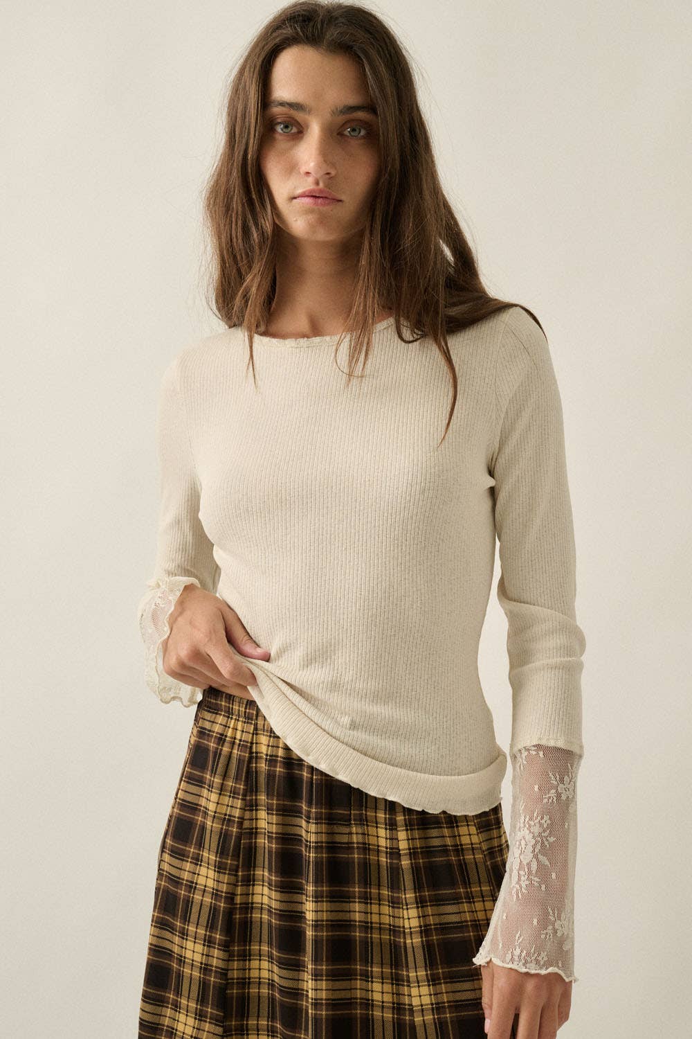 Long-Sleeve Lace-Cuff Top: Cream