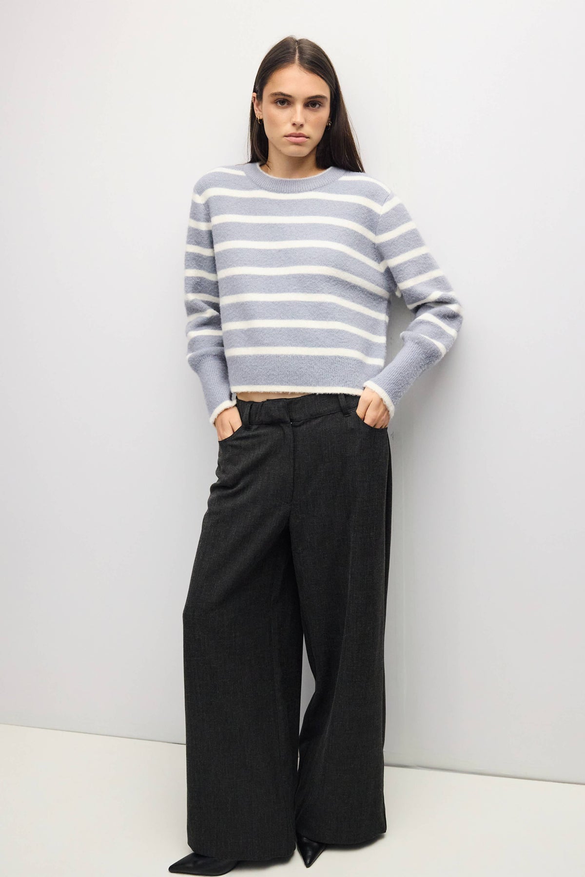MOD REF - The Mckenzie Sweater | Striped Boucle Crewneck Sweater: Brown-Red / MEDIUM